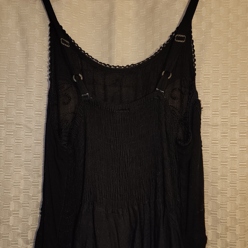 Women's Black Tie Front Emroidered Maxi Dress Boho Whimsygoth Stretchy - Picture 5 of 6